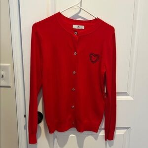 Red Women's Lightweight Cardigan Sweater with Heart on Left Chest